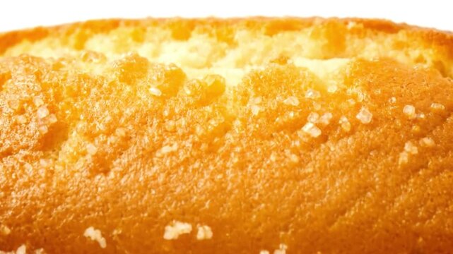 An inviting macro dolly shot reveals the delicious texture of a freshly baked loaf cake. The golden-brown crust, topped with sparkling coarse sugar crystals, is showcased in extreme detail. This foota