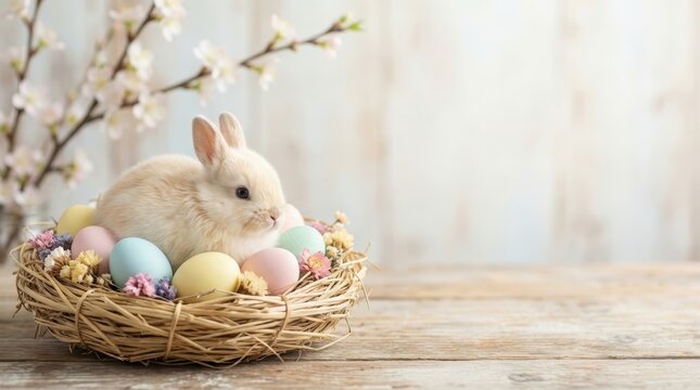 Happy easter celebration banner with wicker basket and pastel eggs april 2026 concept in clean environment