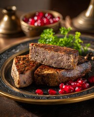 Cranberry and meatloaf on a plate sliced and ready to eat on dark background
