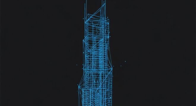 A blue wireframe architectural drawing of a tall building on a with a white base