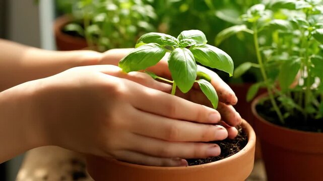 Two hands planting a basil plant in a terracotta pot, home gardening, healthy lifestyle, soil, nature, organic