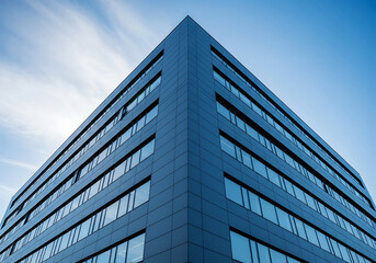 Obraz premium Modern office building exterior with glass facade and blue sky