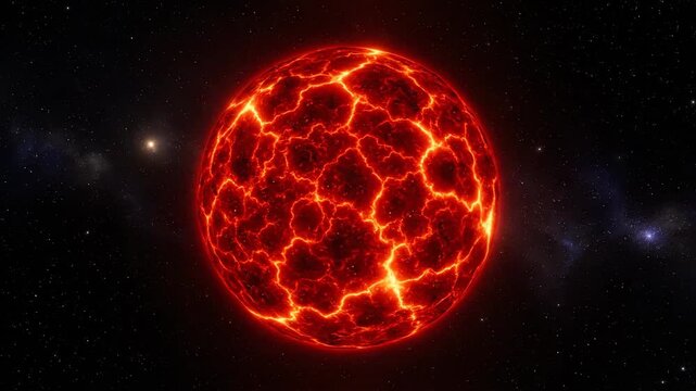 Red planet in deep space, fiery lava texture surface with stars. Cosmic landscape. 