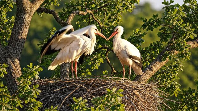 Two storks perched on a nest in a tree with lush green foliage