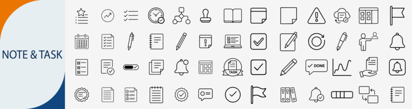 Note and task icons set, line symbols for office management document checklist schedule and productivity vector illustration