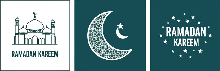 Obraz premium Ramadan Kareem greeting cards with mosque, crescent moon and star designs
