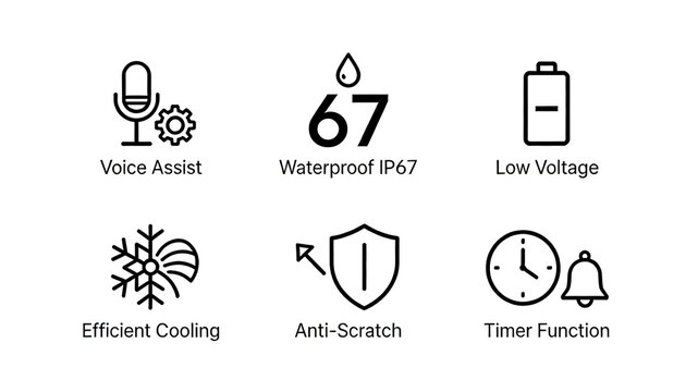 The combination of voice assistant and timing icons represents voice assistant, IP67 waterproof, low-voltage protection and timing function, suitable for smart device scenarios.
