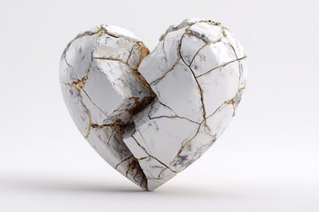 Fototapeta premium Cracked white heart sculpture with visible fissures and textured surface, symbolizing brokenness, displayed against a plain background