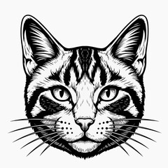 A black and white vector illustration of a cat's face with a detailed design