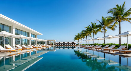 Fototapeta premium Luxurious resort pool with modern amenities and palm trees