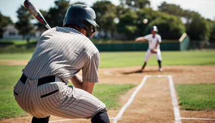 Players in a baseball game at a local field during afternoon sunlight with a batter ready to hit