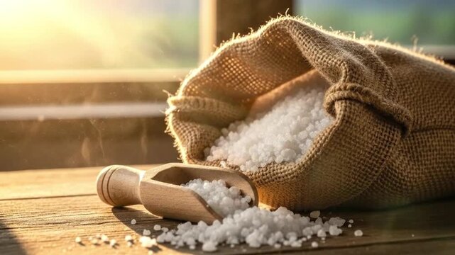 Coarse white salt in a burlap sack on a rustic table. The scene is backlit by warm sunlight, with steam rising, creating a natural, wholesome, and organic mood.