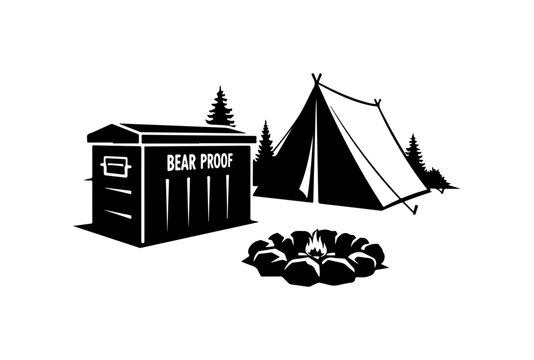 Bear-Proof Camping Storage and Tent Silhouette Vector Illustration