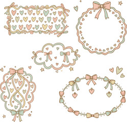 Set of Cute Hand-Drawn Pastel Frames with Hearts, Bows, and Ribbons