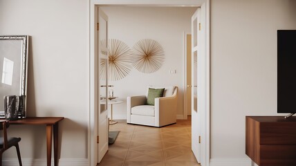 Inviting Glimpse Through a Doorway into a Bright, Elegantly Furnished Modern Living Area