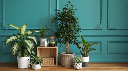 Stylish home decor with indoor potted plants on a wooden floor