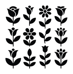 Collection of Stylized Black Flower Icons on White Background