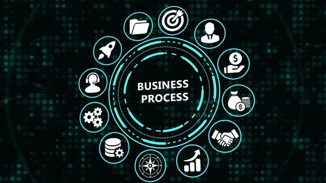 Business Process Management and Workflow Optimization Concept with Digital Icons on Dark Technological Background.