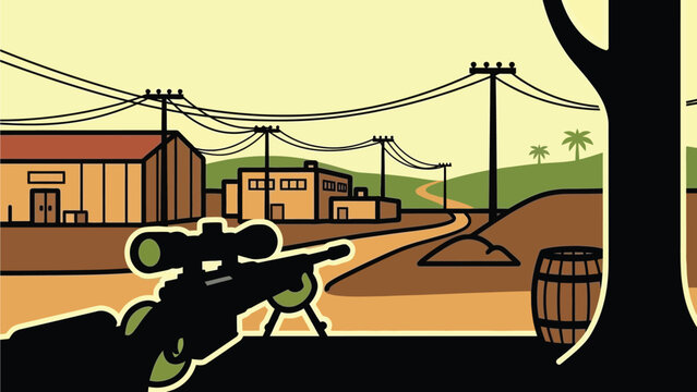 A cartoon style illustration of a gun aimed at a rural town