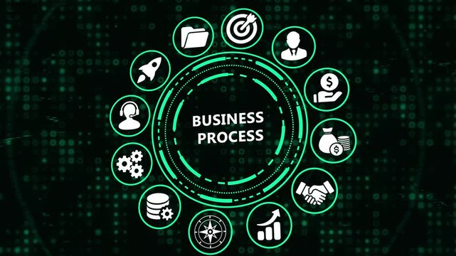 Business Process Management and Workflow Optimization Concept with Digital Icons on Dark Technological Background.