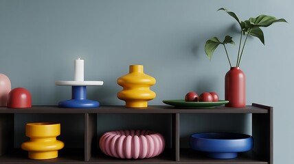 Vibrant and Modern Home Decor A Stylish Display of Colorful Vases and Objects on a Floating Shelf