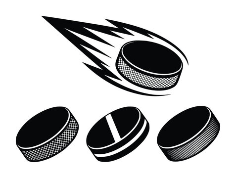 Hockey Puck Icons: Flying Puck and Three Variations