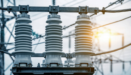 Fototapeta premium Importance of electrical insulators in power transmission at a facility during the day