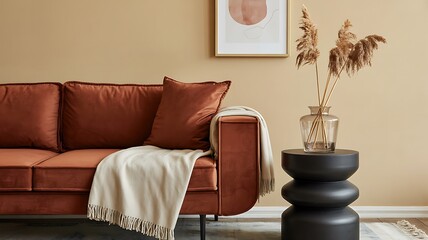 Warm Terracotta Sofa and Modern Decor in Living Room