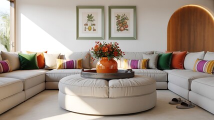 Cozy and vibrant modern living room with plush sectional sofa and decorative accents