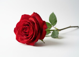 A single vibrant red rose with water droplets, lying on a white surface, symbolizing love and romance.