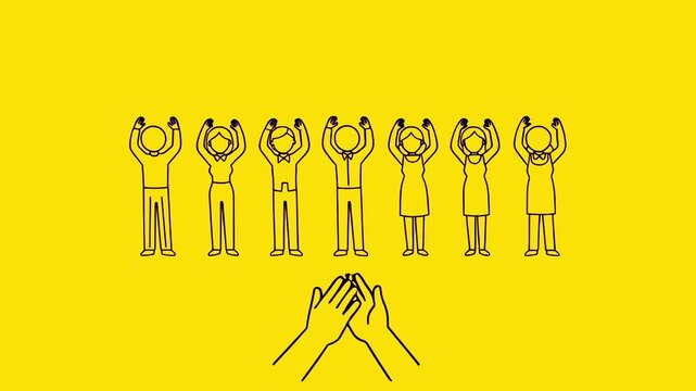 Hands Up and Clapping Team Success and Recognition, Line Art Vector Illustration Animation Minimalist Black and White Drawing