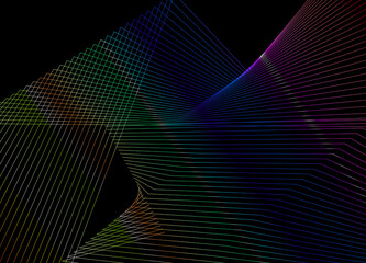 This image presents an abstract digital composition featuring flowing, intersecting wireframe lines set against a deep black background. The lines are arranged in smooth, wave-like geometric formation
