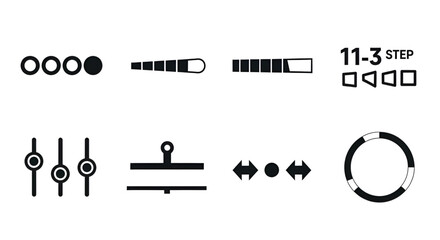 Collection of user interface icons for progress, controls, and navigation.
