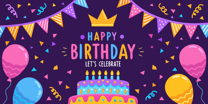 Colorful birthday banner with balloons cake and a golden crown