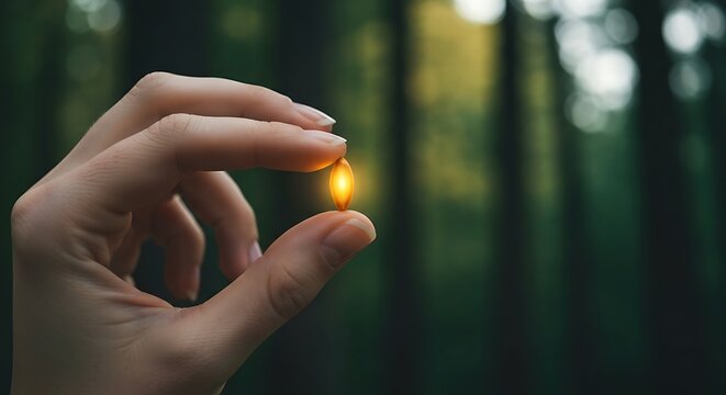 Holding a glowing pill between fingers in forest