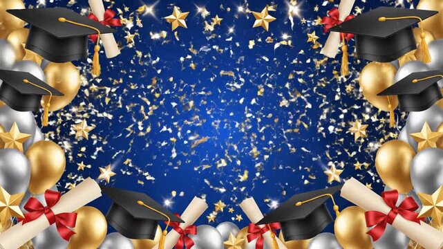 Celebration background with graduation caps balloons and stars on blue