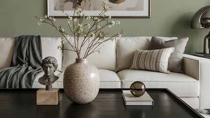 Contemporary living room interior with a comfortable sofa, stylish decorative accents, and elegant minimalist design