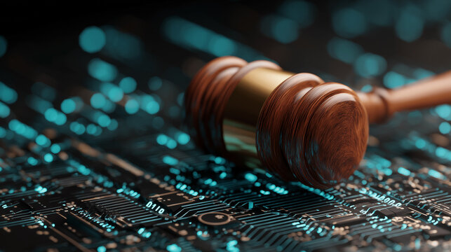 Digital Justice Concept with Judge Gavel on Glowing Circuit Board, Artificial Intelligence Law, Cyber Law, Legal Technology and Data Protection