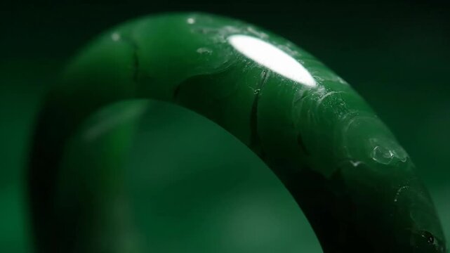 Close-up of elegant green jade bangle showcasing smooth texture and marble pattern, against matching green backdrop.