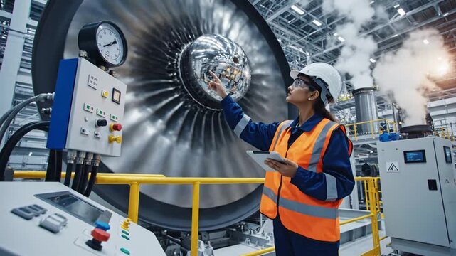 Female engineer in safety gear inspects large industrial turbine engine with tablet in a modern factory setting, steam rising from machinery