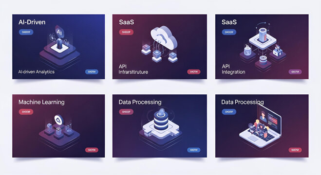 AI and SaaS data processing technology isometric presentation slides