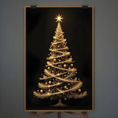 검은 포스터 속 반짝이는 골드 크리스마스 트리