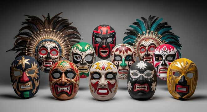 Colorful masks displayed in rows showing cultural designs and patterns at a festival