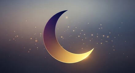 Fototapeta premium A luminous golden crescent moon radiates serene light against a deep, star-dusted midnight sky, symbolizing dreams, reflection, and celestial peace with subtle bokeh