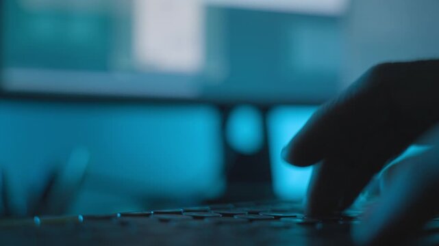 Close up fingers type on computer keyboard in dark hacker room with screen in BG. Files and documents copied transferred or leaked by remote access to server. Malware or security breach by spy agent