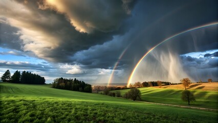 Vibrant Double Rainbow Over Lush Green Rolling Hills After Rain, Dramatic Stormy Sky