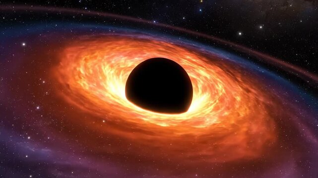 A mesmerizing black hole with a glowing accretion disk dominates the cosmos. Fiery gas and dust swirl intensely around the gravitational singularity in space.