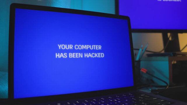 Laptop computer screen glitches and shows hacking message in dark office room. Personal computer is broken into and hacked by malware virus app or remote access by spy thief. Blue error notification