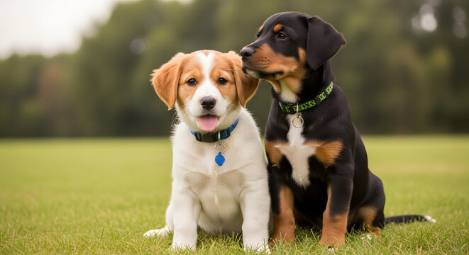 Adorable puppies nuzzling in green grass, a heartwarming scene of friendship and animal companionship outdoors.