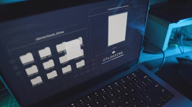 Laptop computer on office desk uploading top secret classified files onto server. Remote access of government spy agency sensitive document archive. Stolen by hacker security breach cybercrime thief